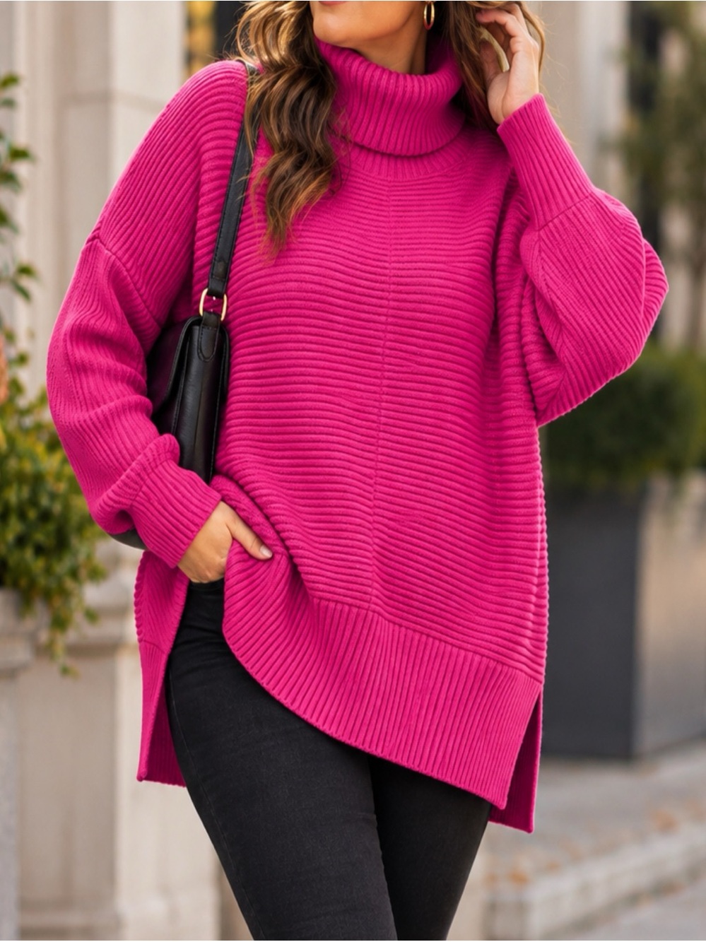 NWT EFAN Oversized Ribbed Turtleneck Sweater XL Berry Pink Dolman Side Slit